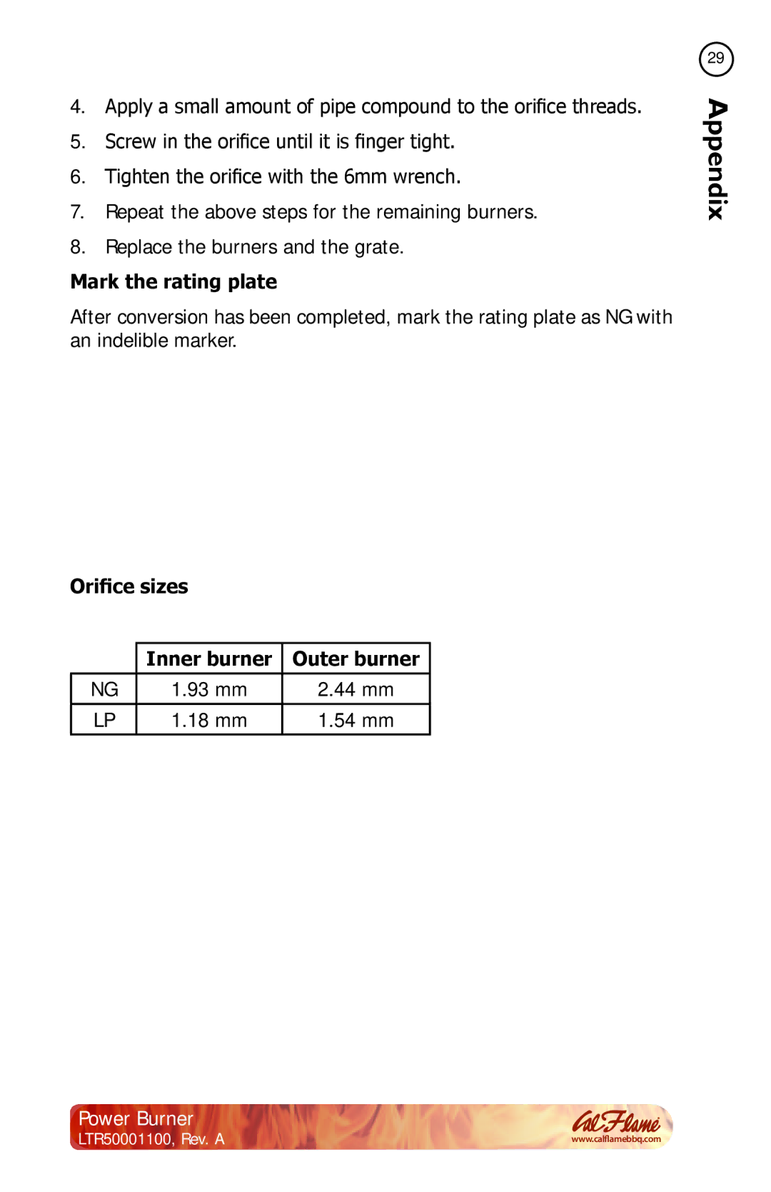 Cal Flame BBQ11955P manual Mark the rating plate, Orifice sizes Inner burner Outer burner 
