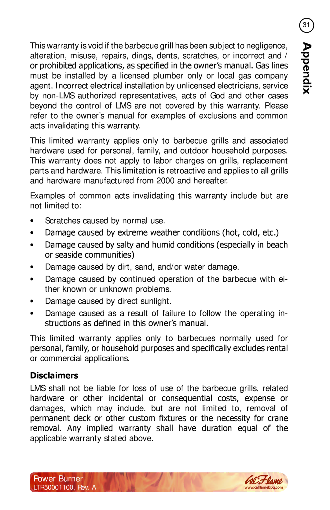 Cal Flame BBQ11955P manual Disclaimers 