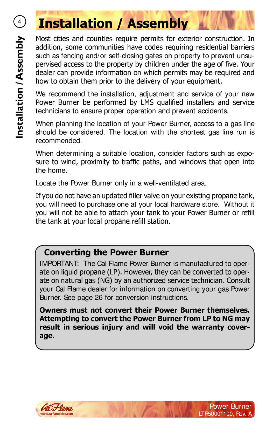 Cal Flame BBQ11955P manual Installation / Assembly, Converting the Power Burner 