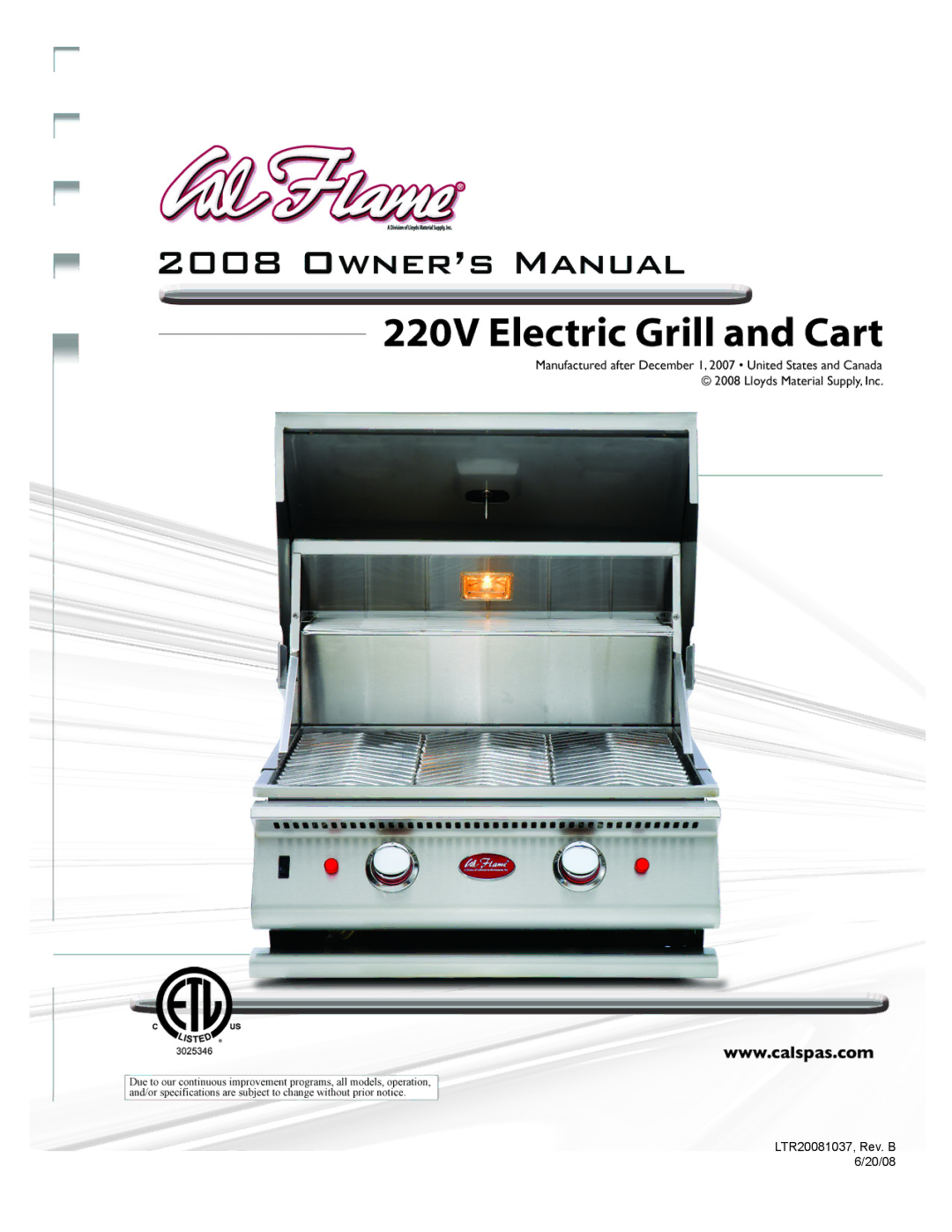 Cal Flame BBQCR07900E manual LTR20081037, Rev. B 20/08 