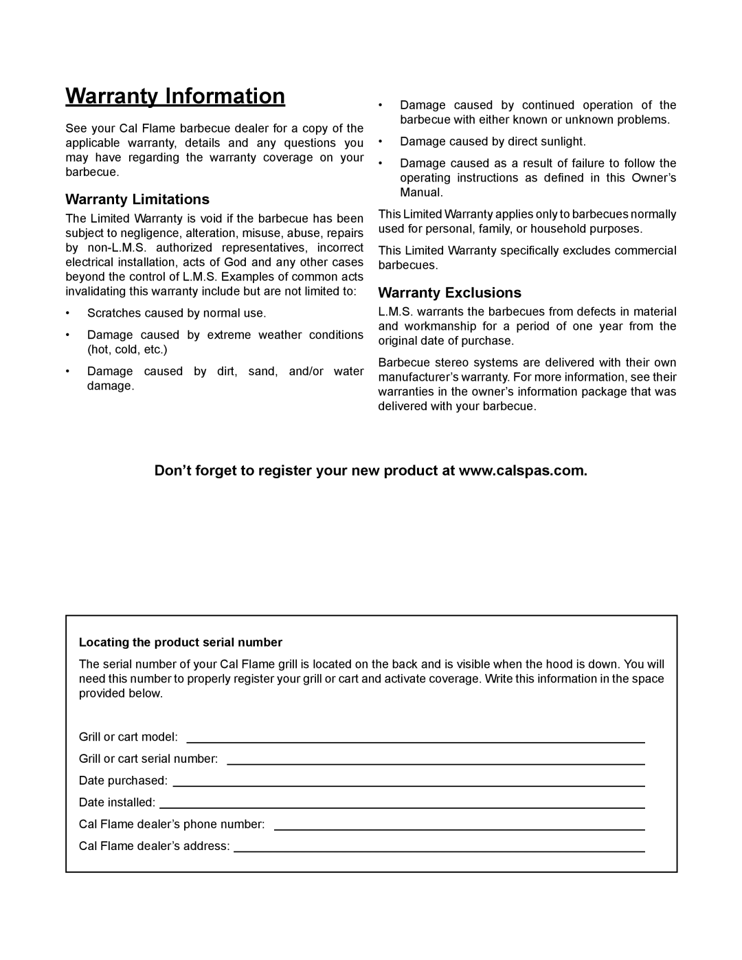 Cal Flame BBQCR07900E Warranty Information, Warranty Limitations, Warranty Exclusions, Locating the product serial number 