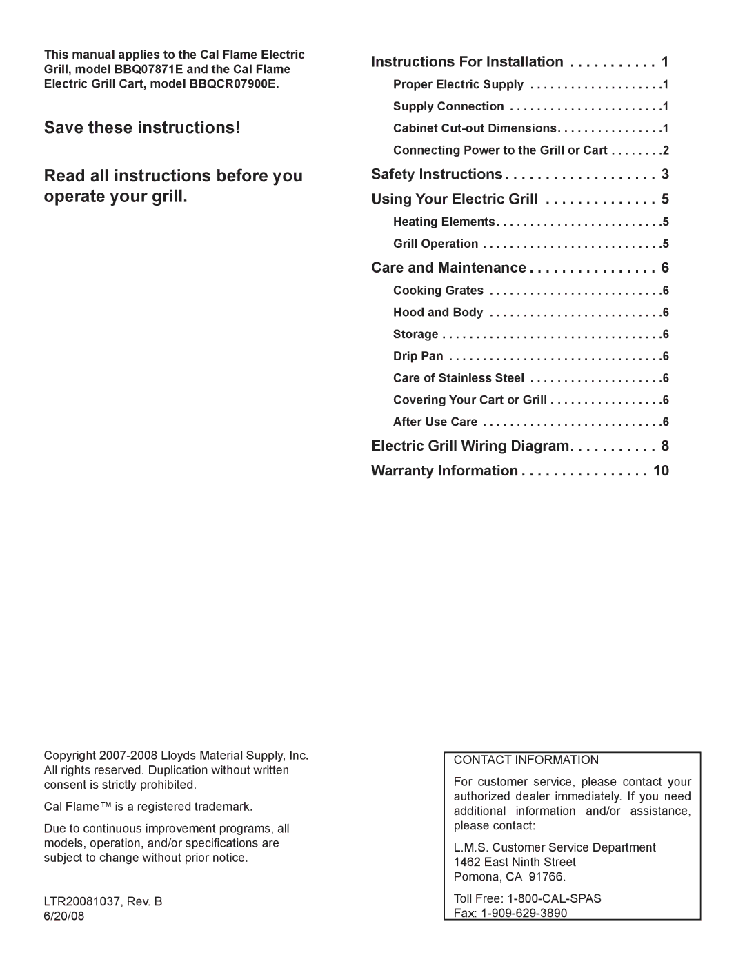 Cal Flame BBQCR07900E Instructions For Installation, Safety Instructions, Using Your Electric Grill, Care and Maintenance 
