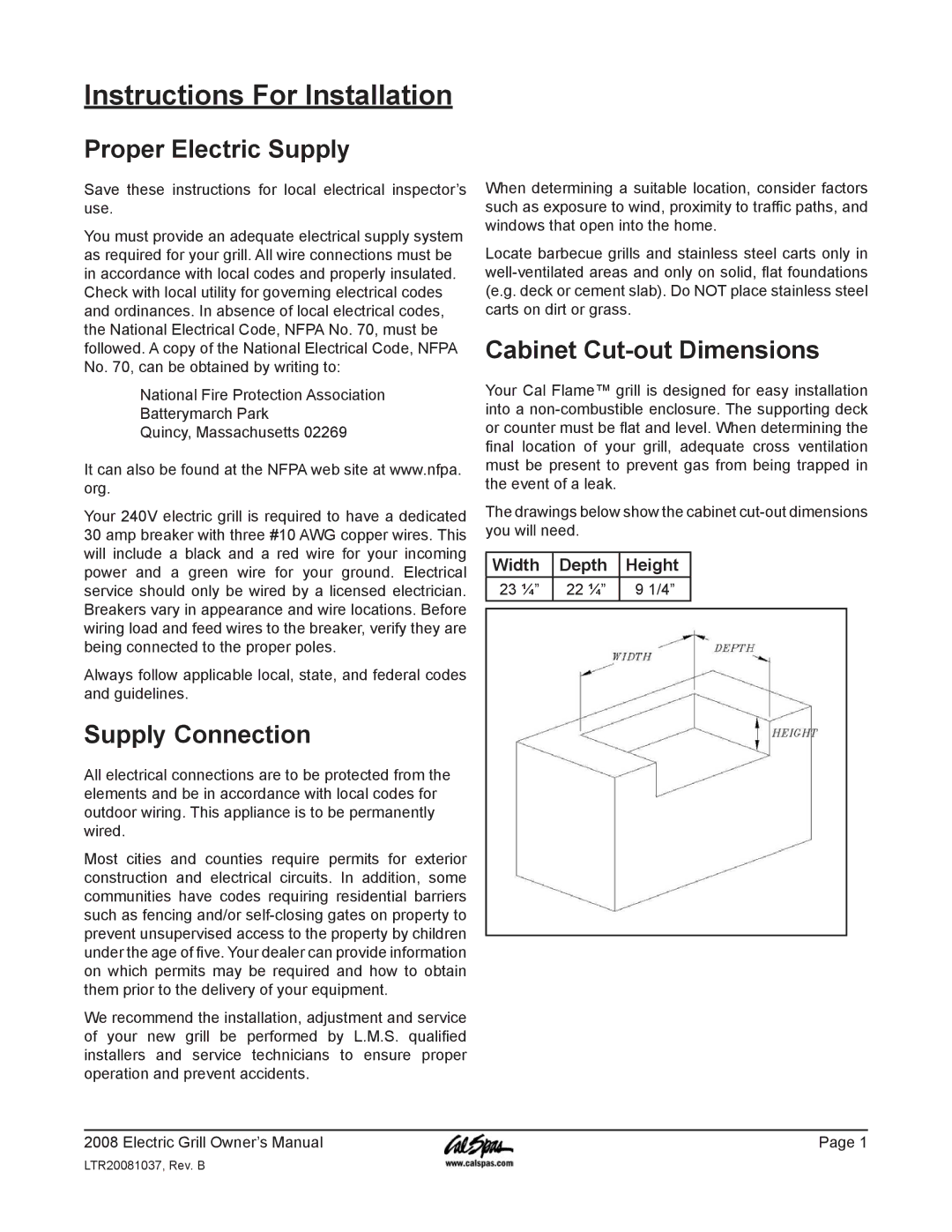 Cal Flame BBQCR07900E Instructions For Installation, Proper Electric Supply, Supply Connection, Cabinet Cut-out Dimensions 