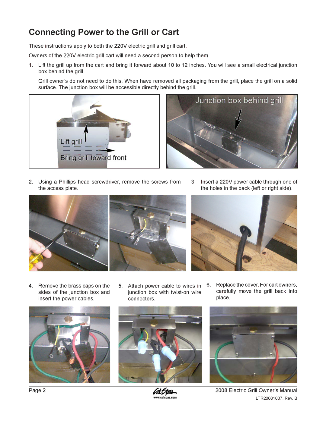 Cal Flame BBQCR07900E manual Connecting Power to the Grill or Cart 