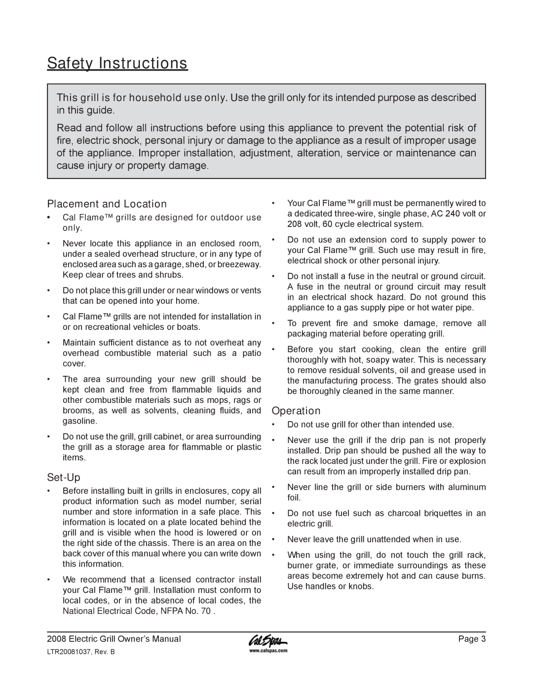 Cal Flame BBQCR07900E manual Safety Instructions, Placement and Location, Set-Up, Operation 