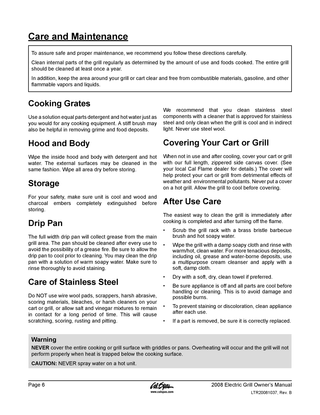 Cal Flame BBQCR07900E manual Care and Maintenance 