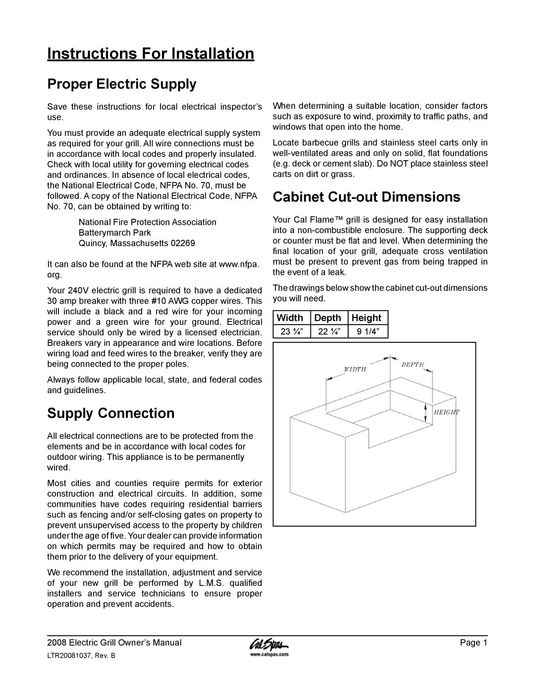 Cal Flame BBQCR07900E Instructions For Installation, Proper Electric Supply, Supply Connection, Cabinet Cut-outDimensions 