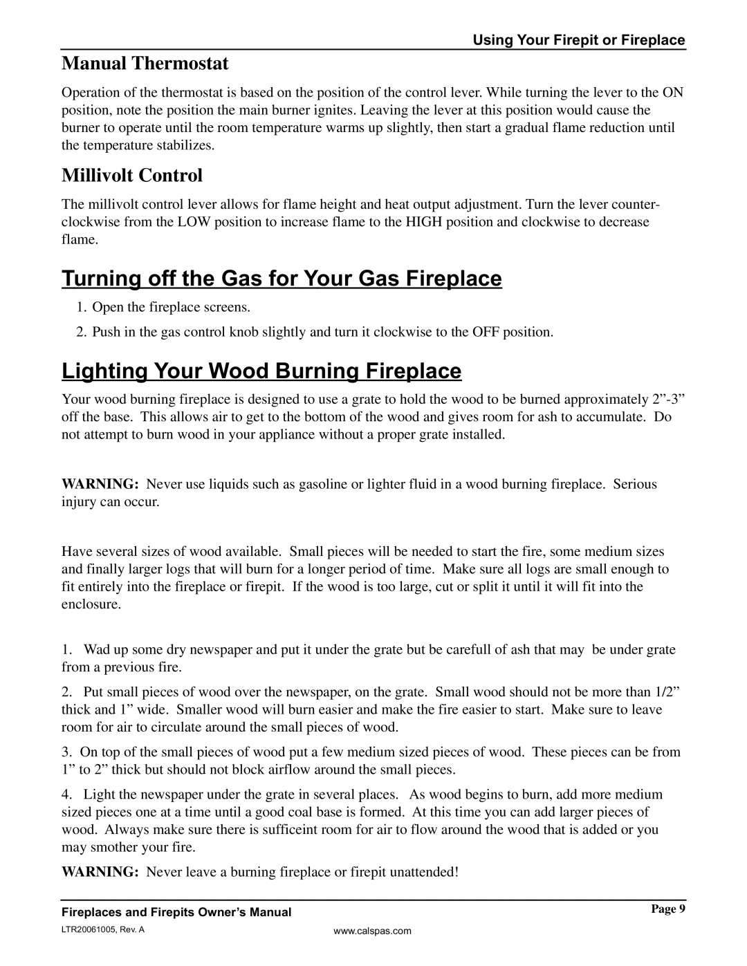 Cal Flame Fireplaces & Firepits 2006 Turning off the Gas for Your Gas Fireplace, Lighting Your Wood Burning Fireplace 