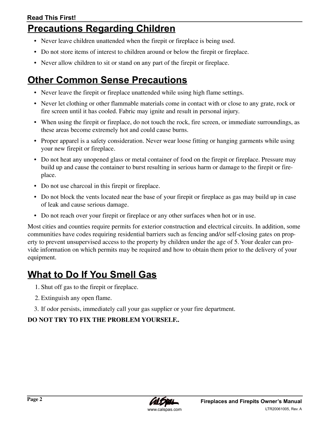 Cal Flame Fireplaces & Firepits 2006 manual Precautions Regarding Children, Other Common Sense Precautions 