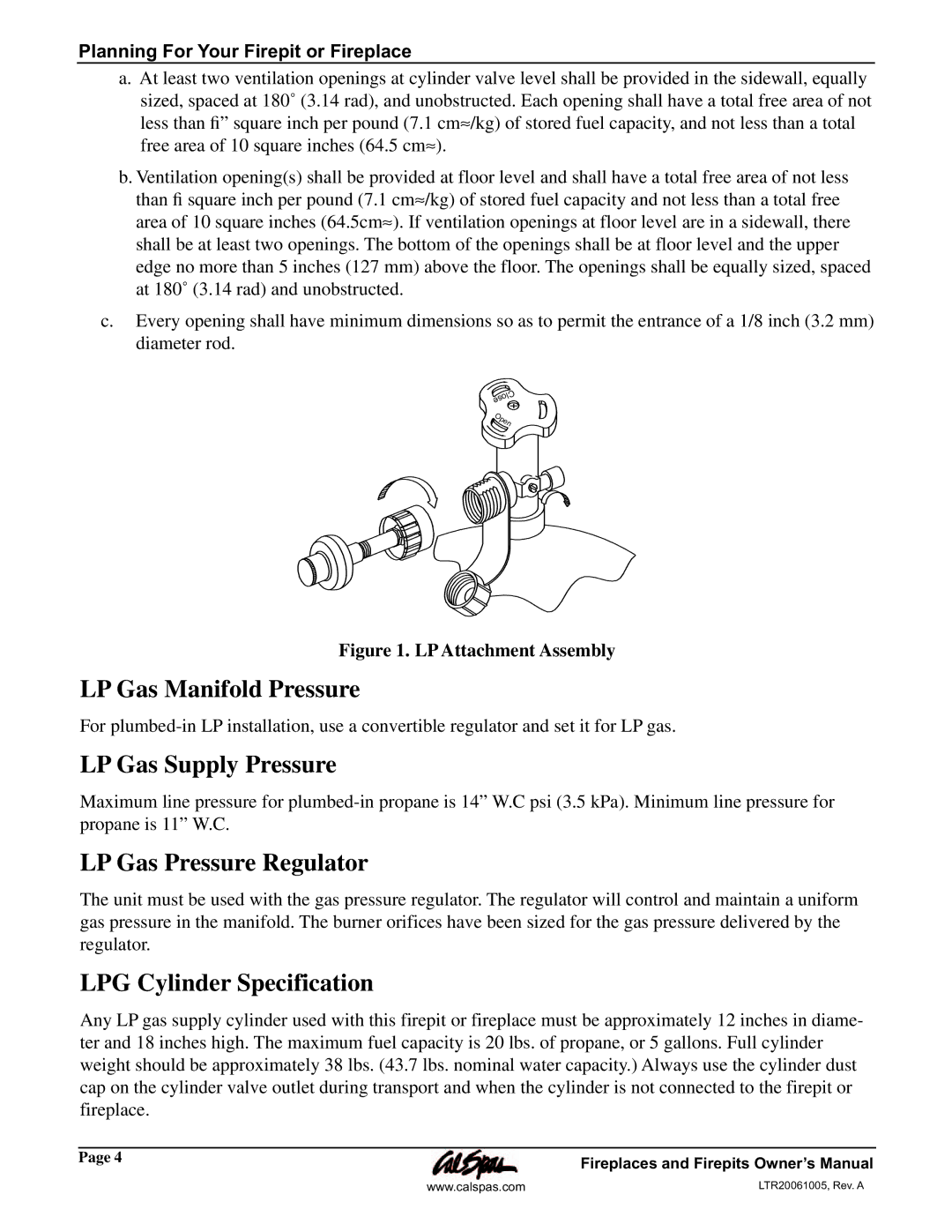 Cal Flame Fireplaces & Firepits 2006 manual LP Gas Manifold Pressure, LP Gas Supply Pressure, LP Gas Pressure Regulator 