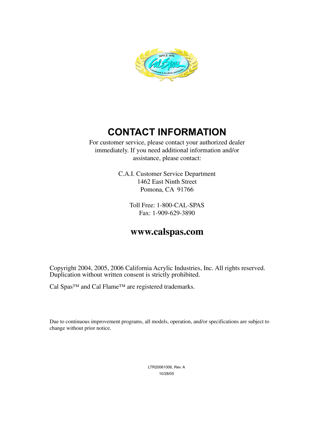 Cal Flame Fireplaces & Firepits 2006 manual Contact Information 