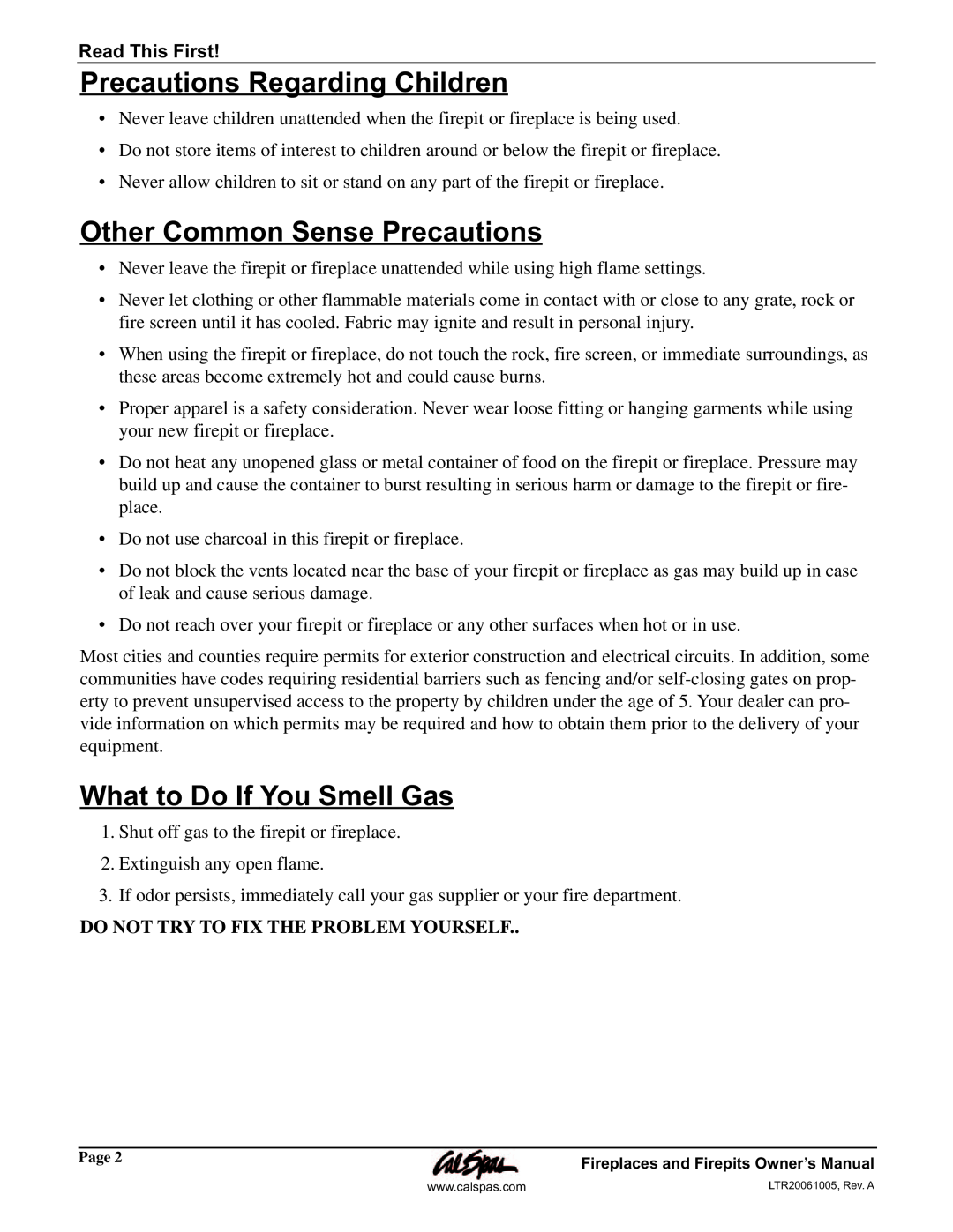 Cal Flame Fireplaces & Firepits 2006 manual Precautions Regarding Children, Other Common Sense Precautions, Read This First 