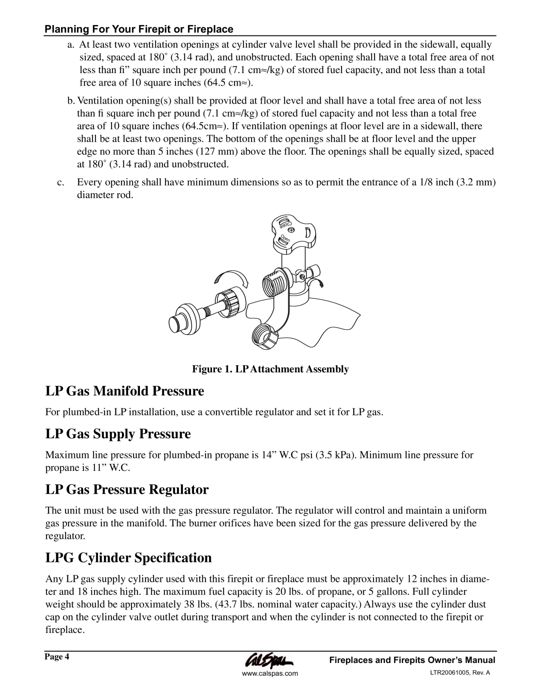 Cal Flame Fireplaces & Firepits 2006 manual LP Gas Manifold Pressure, LP Gas Supply Pressure, LP Gas Pressure Regulator 