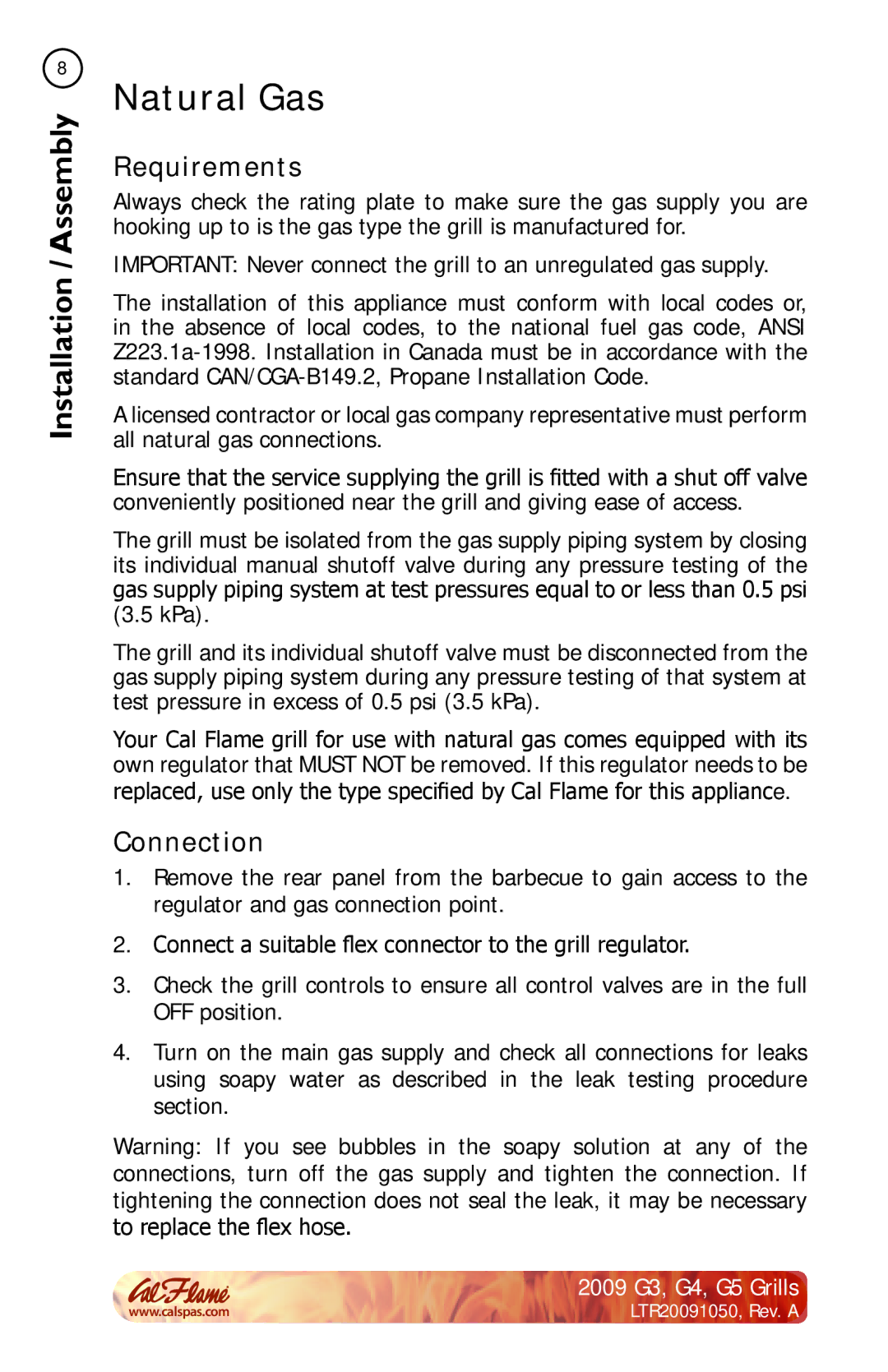 Cal Flame G4, G3, G5 manual Natural Gas, Requirements, Connection 