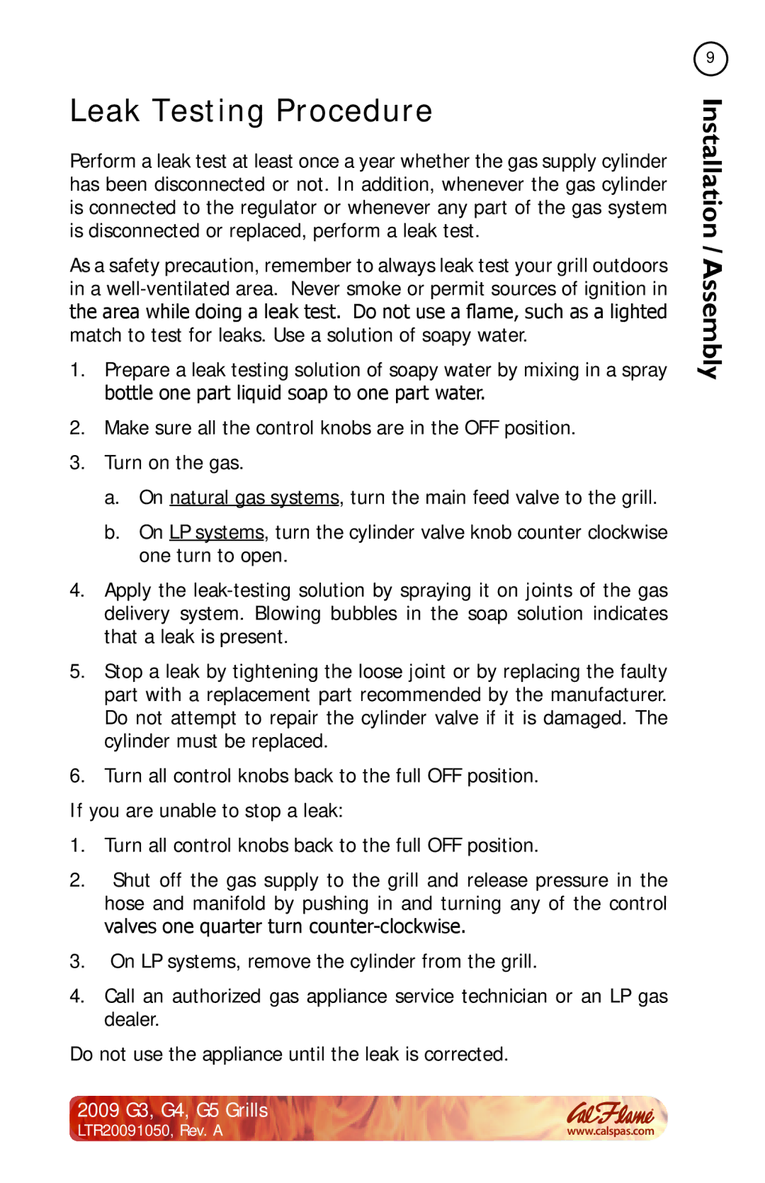 Cal Flame G5, G3, G4 manual Leak Testing Procedure 