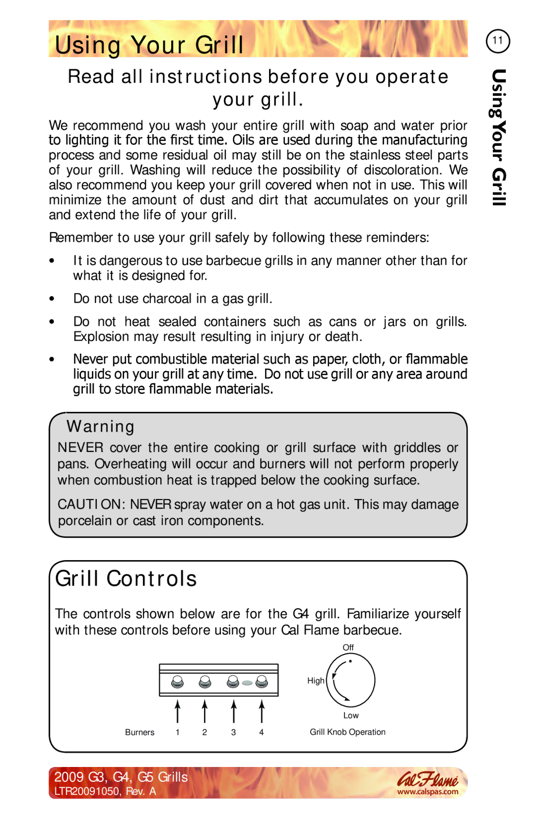 Cal Flame G4, G3, G5 manual Using Your Grill, Grill Controls 