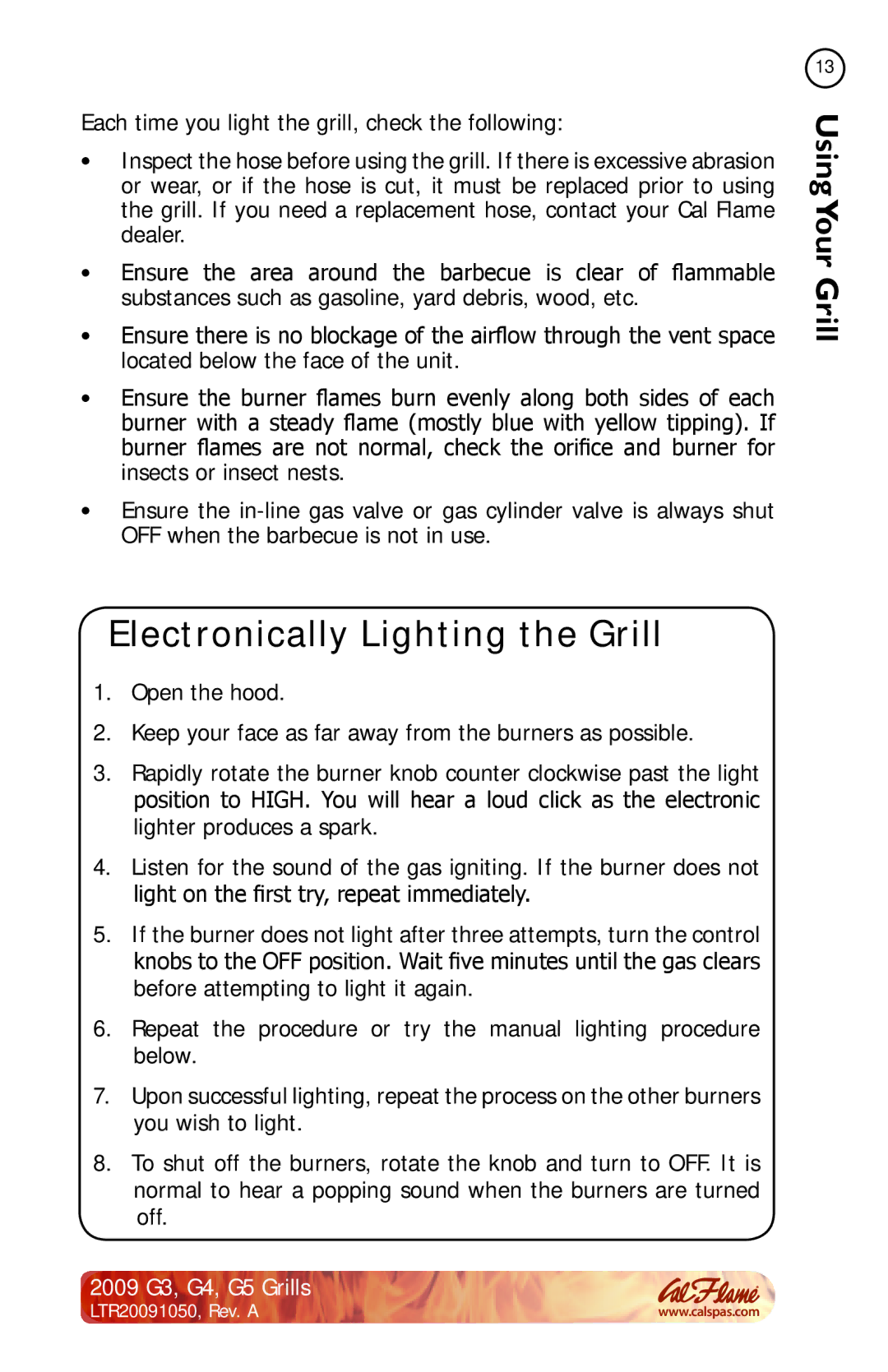 Cal Flame G3, G4, G5 manual Electronically Lighting the Grill 