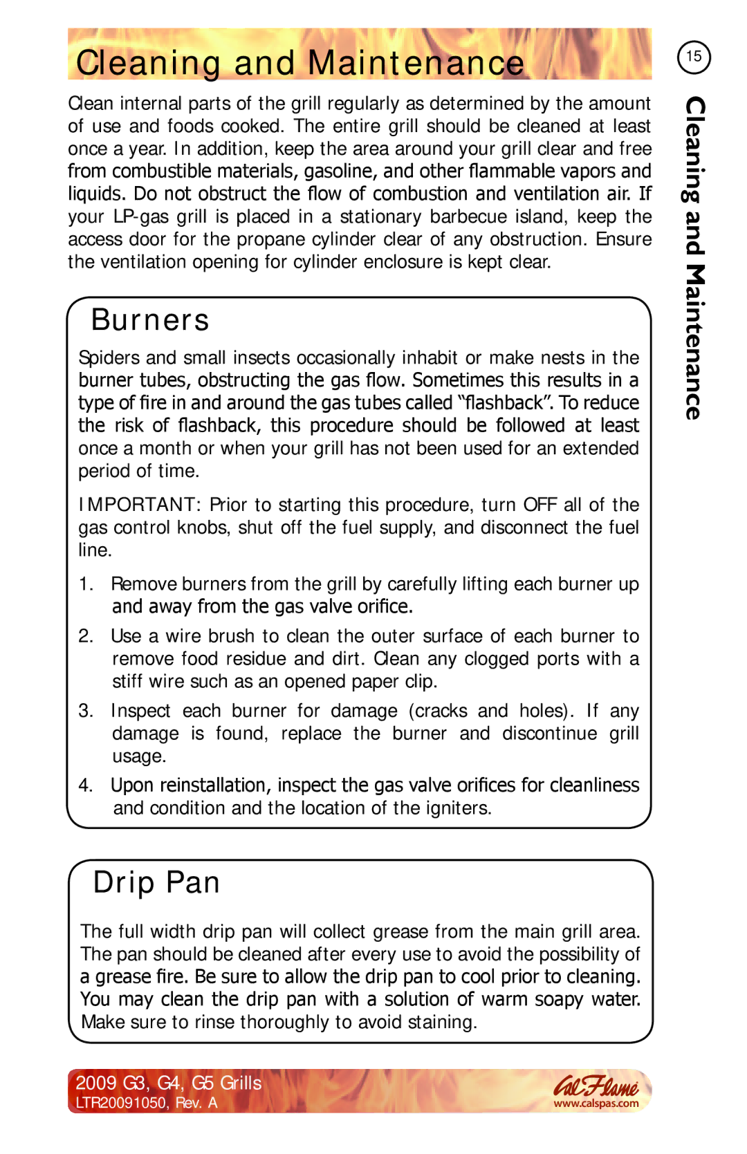 Cal Flame G5, G3, G4 manual Cleaning and Maintenance, Burners, Drip Pan 