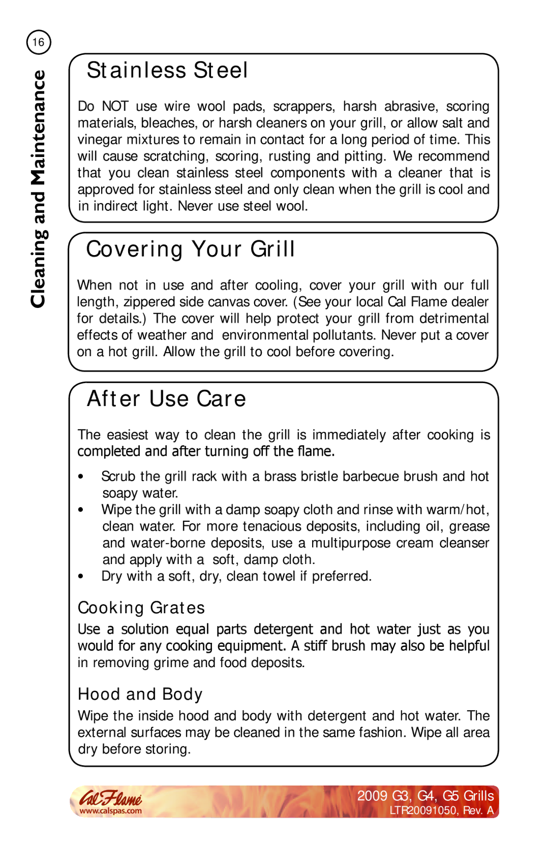 Cal Flame G3, G4, G5 manual Stainless Steel, Covering Your Grill, After Use Care, Cooking Grates, Hood and Body 