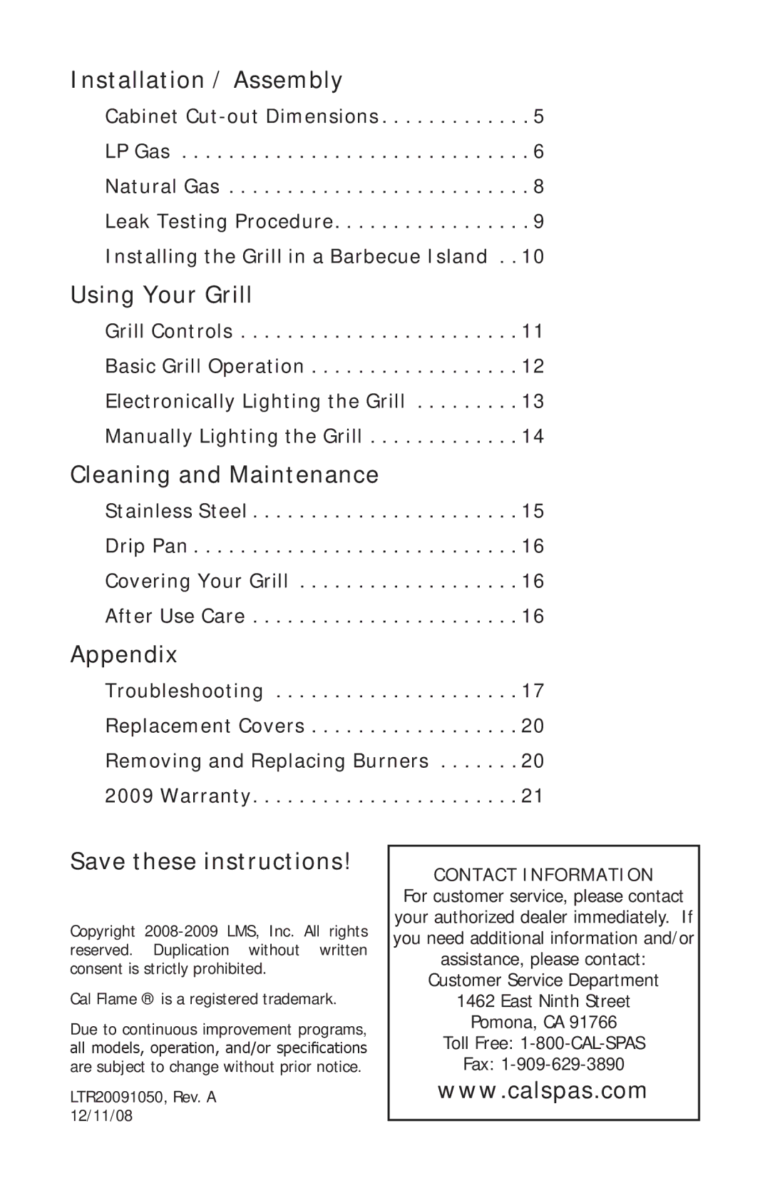 Cal Flame G5, G3, G4 manual Installation / Assembly, Using Your Grill, Cleaning and Maintenance, Appendix 