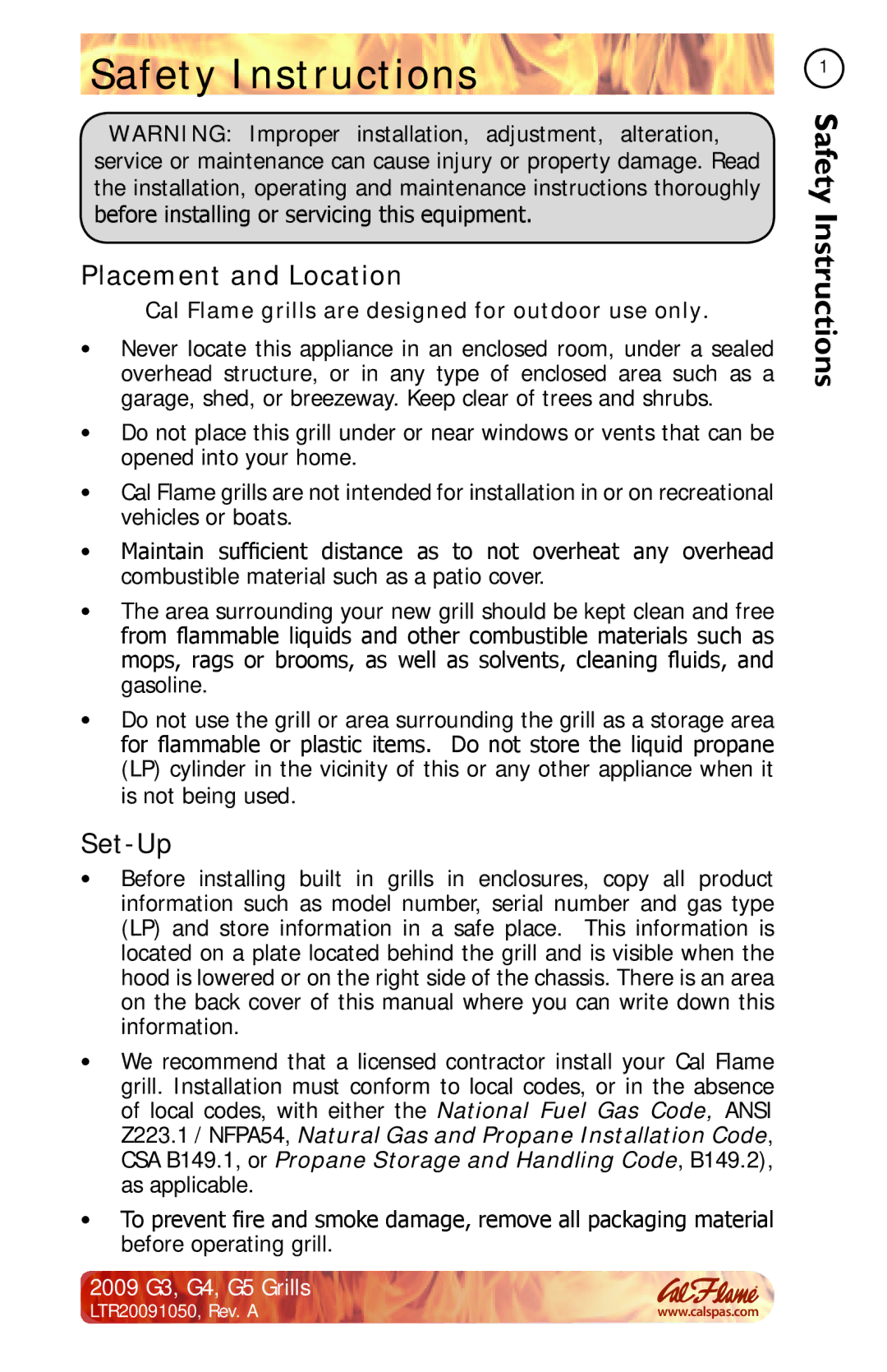 Cal Flame G3, G4 Safety Instructions, Placement and Location, Set-Up, Cal Flame grills are designed for outdoor use only 