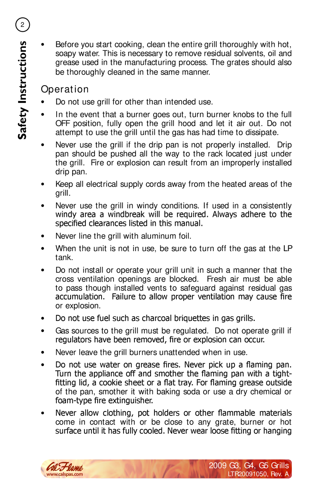 Cal Flame G4, G3, G5 manual Operation 