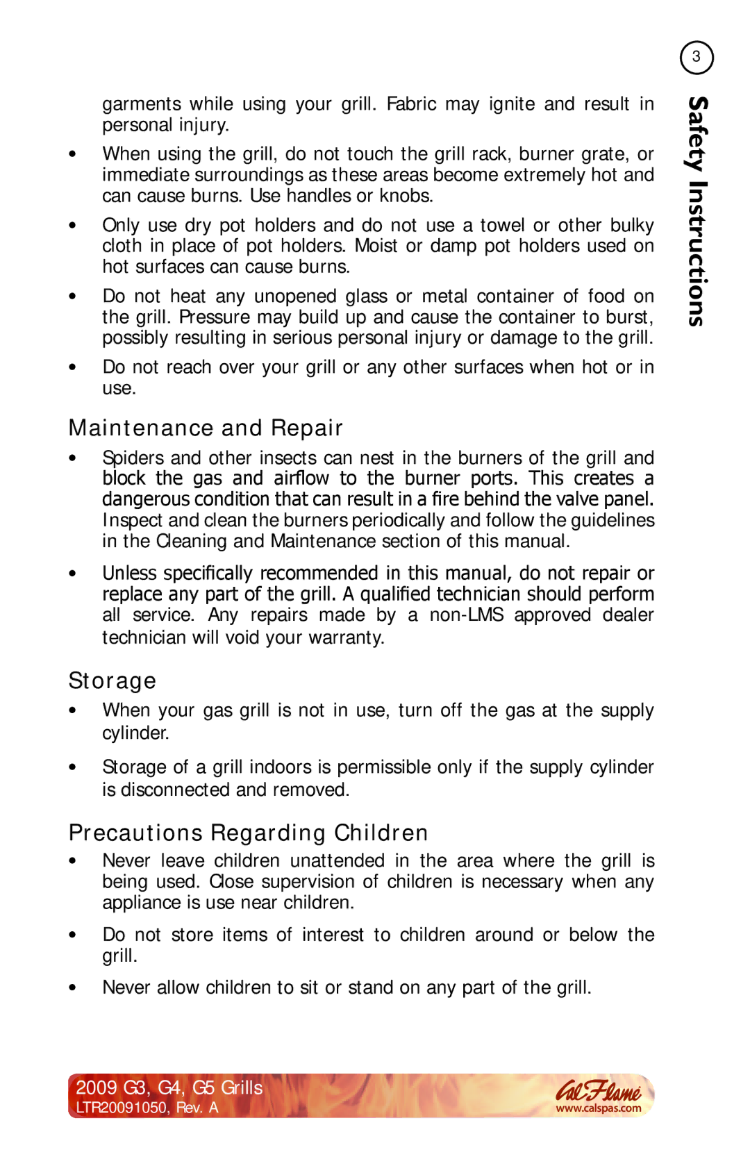 Cal Flame G5, G3, G4 manual Maintenance and Repair, Storage, Precautions Regarding Children 