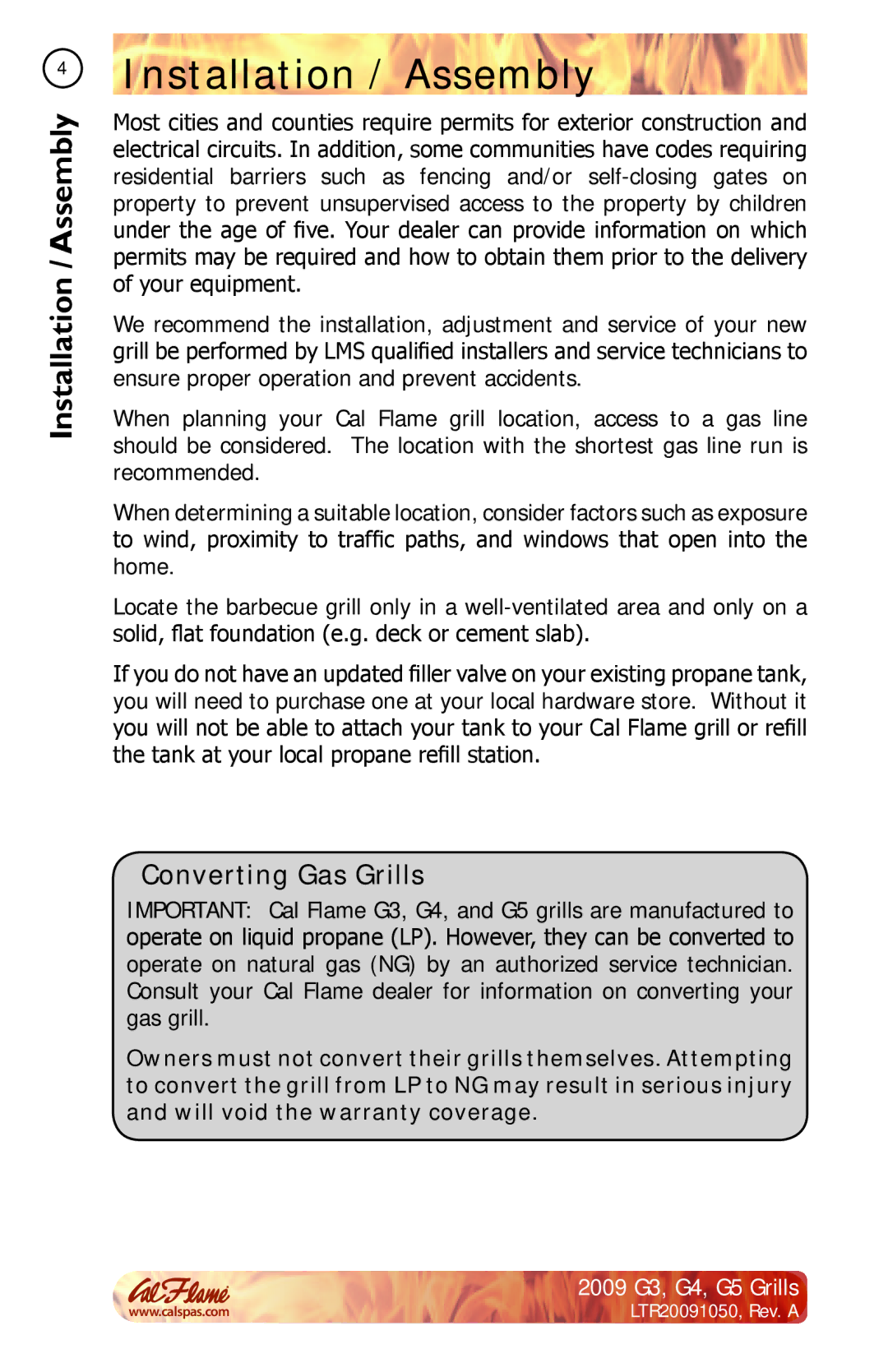 Cal Flame G3, G4, G5 manual Installation / Assembly, Converting Gas Grills 