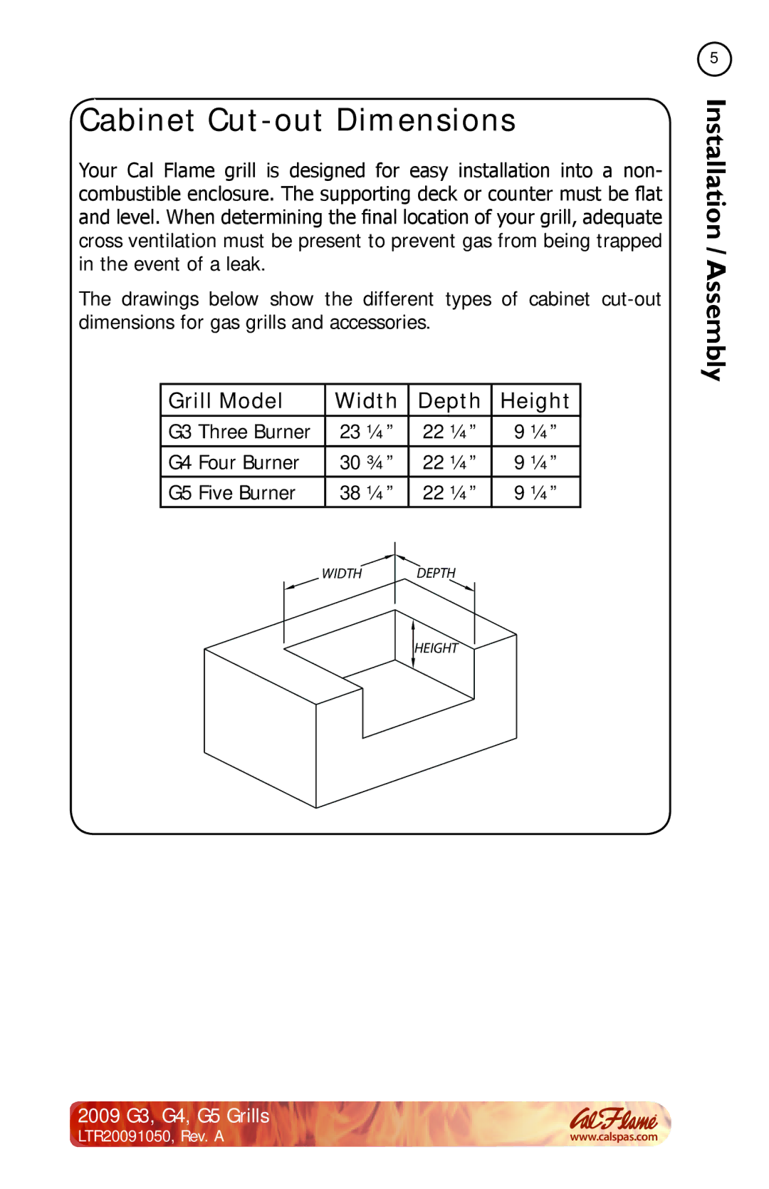 Cal Flame G4, G3, G5 manual Cabinet Cut-out Dimensions, Grill Model Width Depth Height 