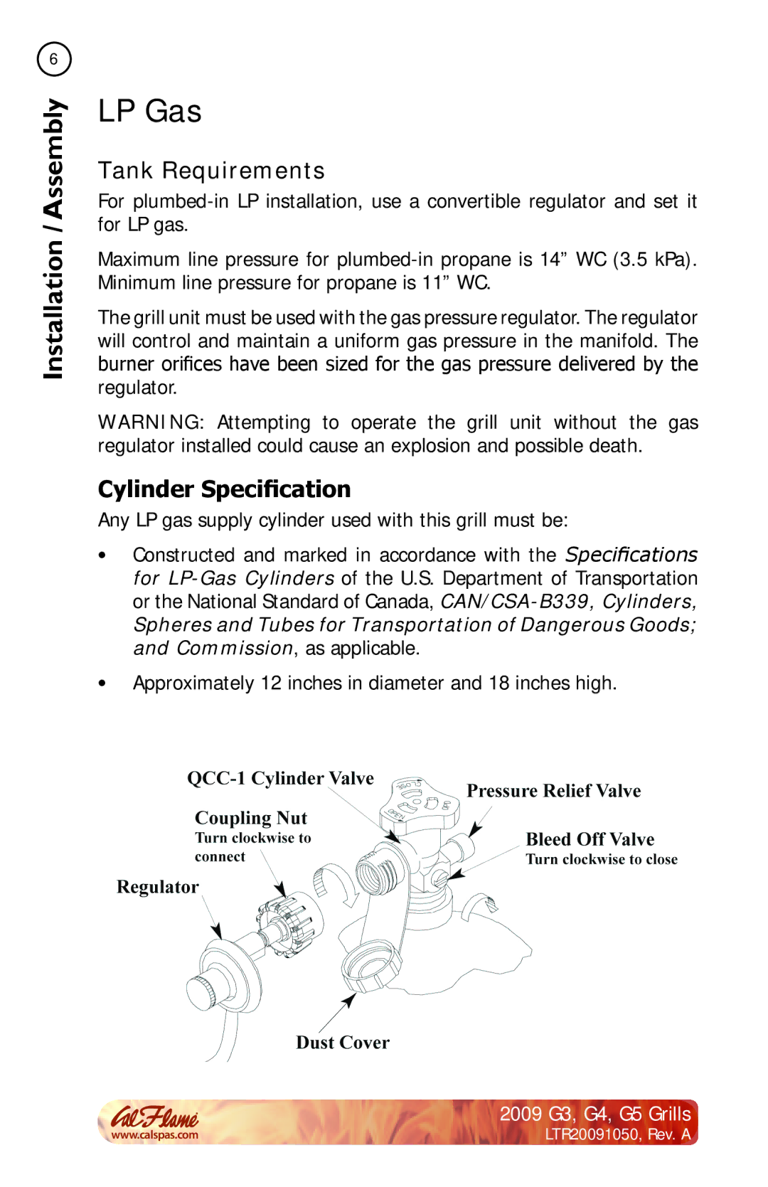 Cal Flame G5, G3, G4 manual LP Gas, Tank Requirements, Cylinder Specification 