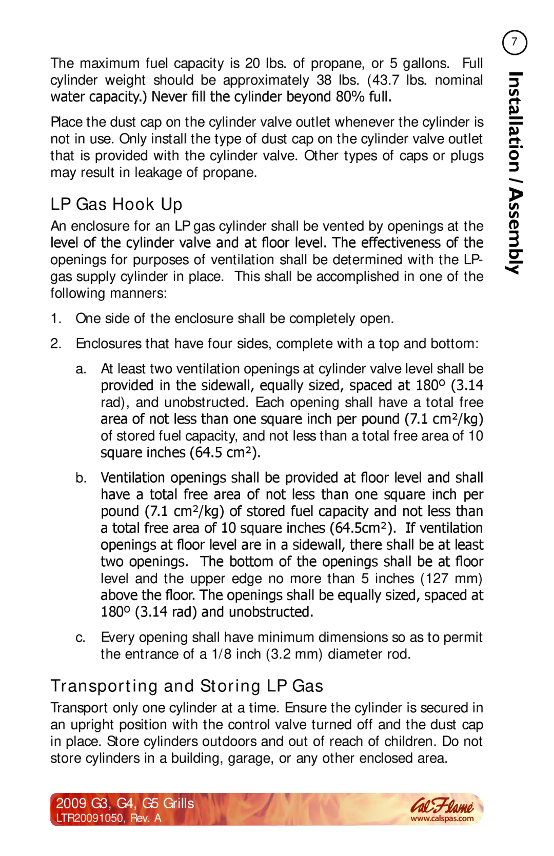 Cal Flame G3, G4, G5 manual LP Gas Hook Up, Transporting and Storing LP Gas 