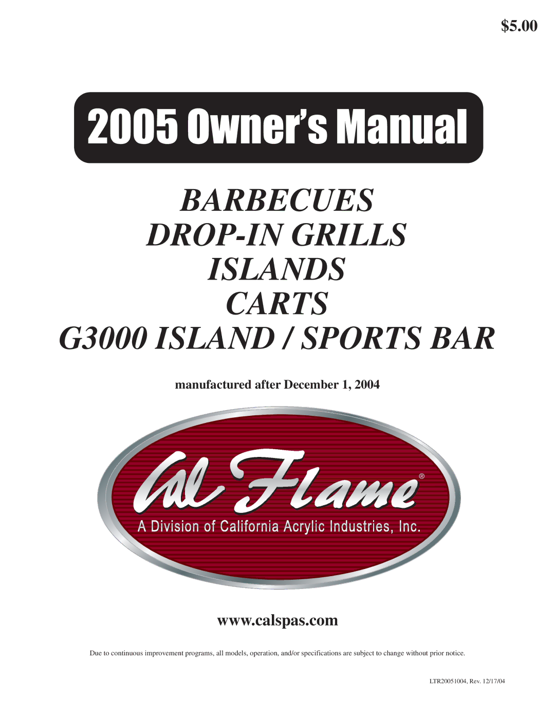 Cal Flame G3000 owner manual $5.00 