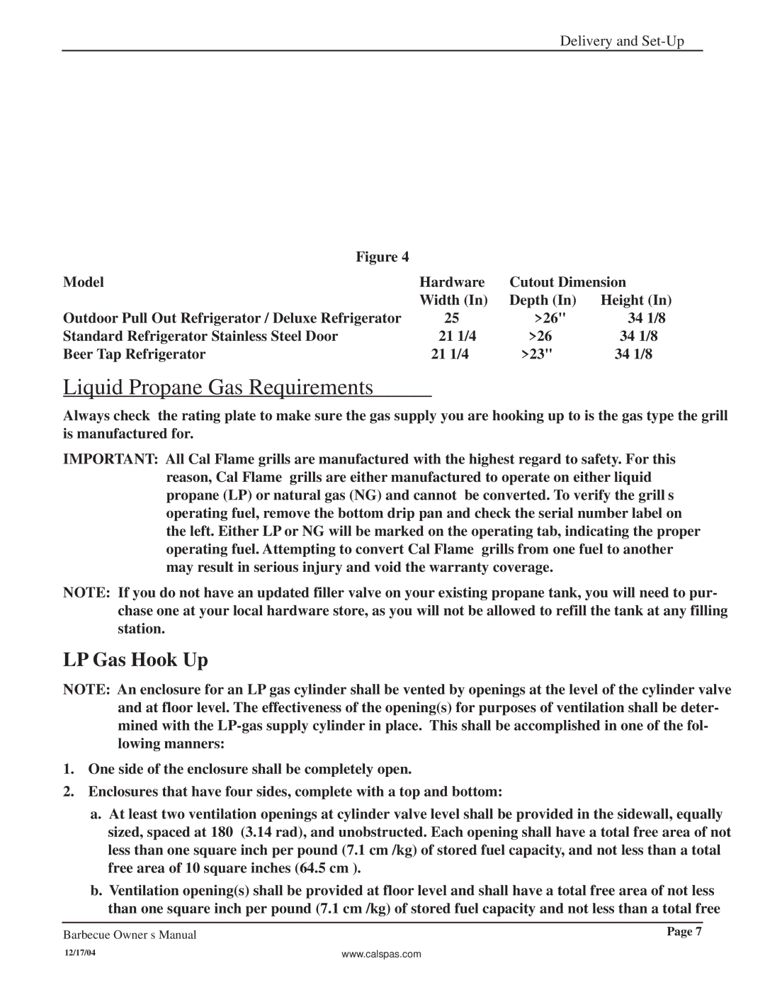 Cal Flame G3000 owner manual Liquid Propane Gas Requirements, LP Gas Hook Up 