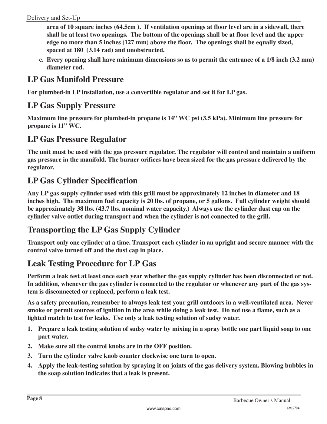 Cal Flame G3000 LP Gas Manifold Pressure, LP Gas Supply Pressure, LP Gas Pressure Regulator, LP Gas Cylinder Specification 