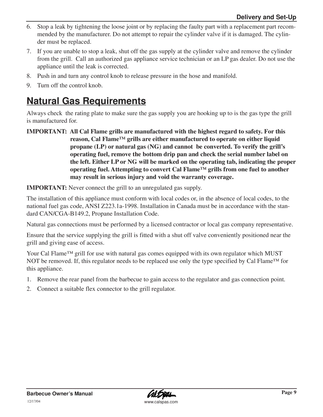 Cal Flame G3000 owner manual Natural Gas Requirements 