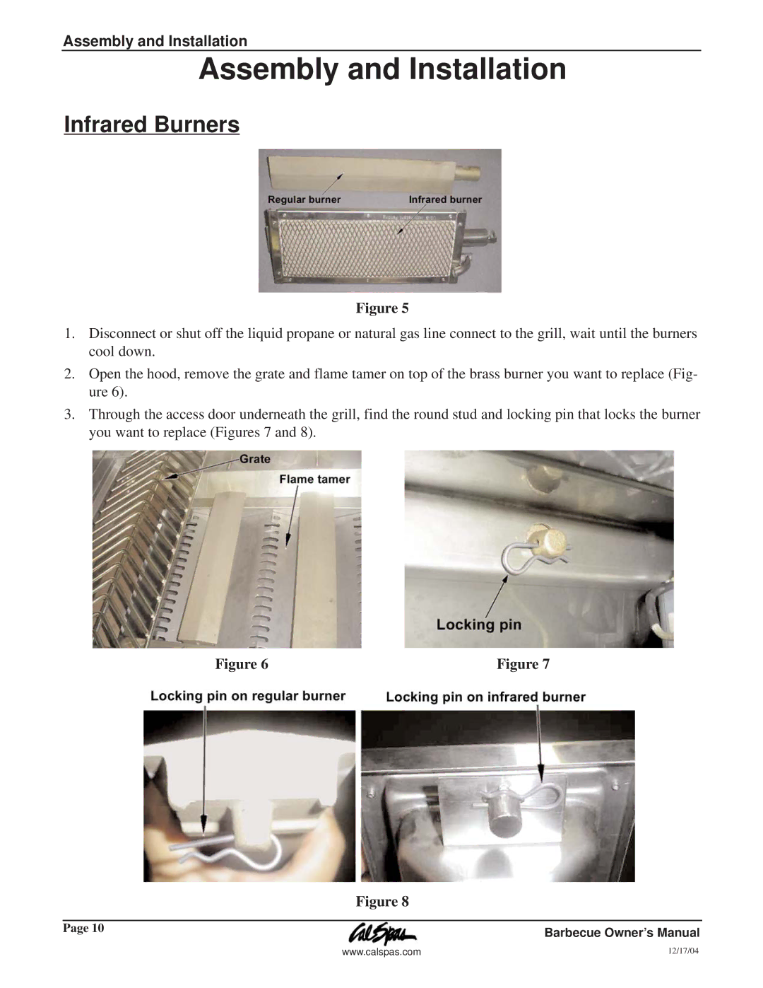 Cal Flame G3000 owner manual Assembly and Installation, Infrared Burners 