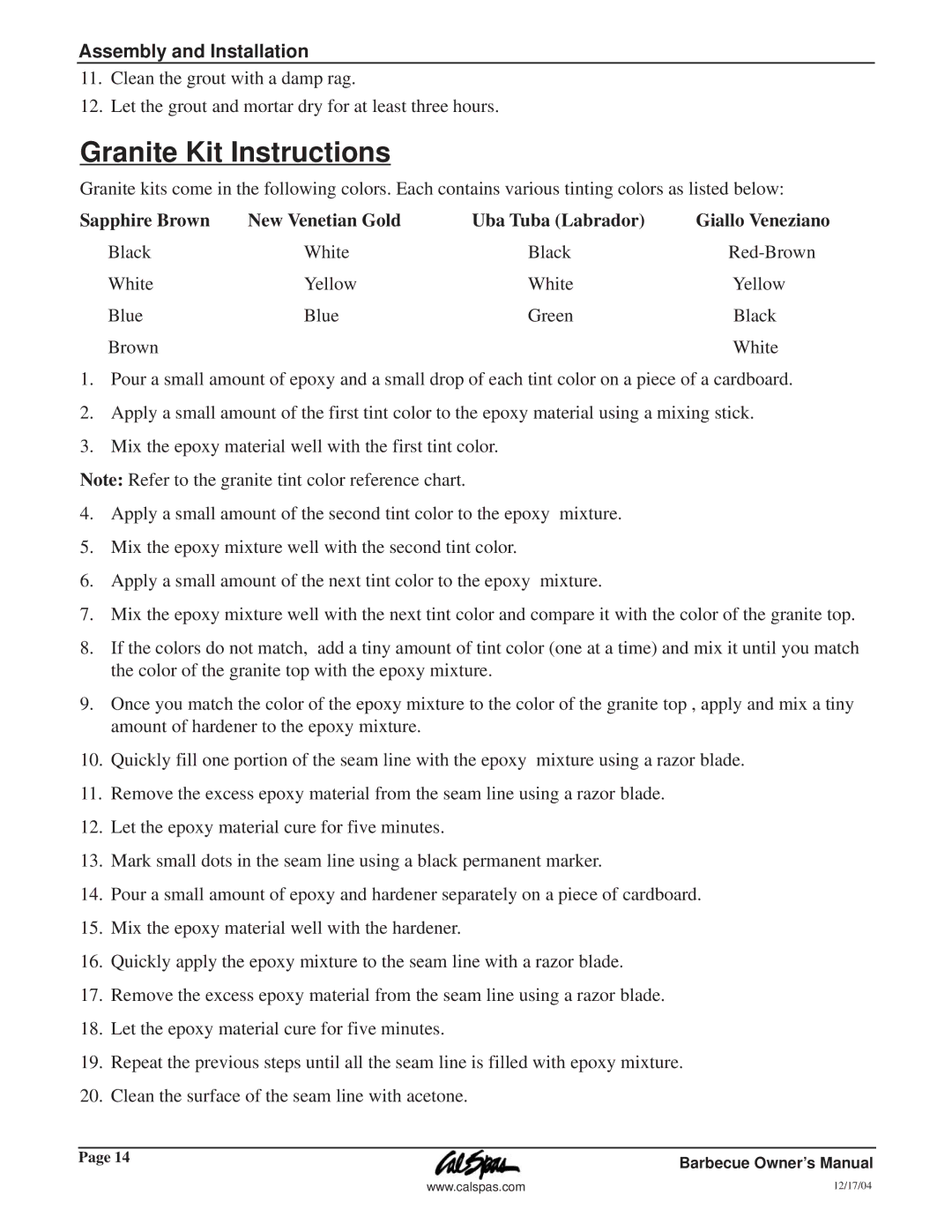 Cal Flame G3000 owner manual Granite Kit Instructions 