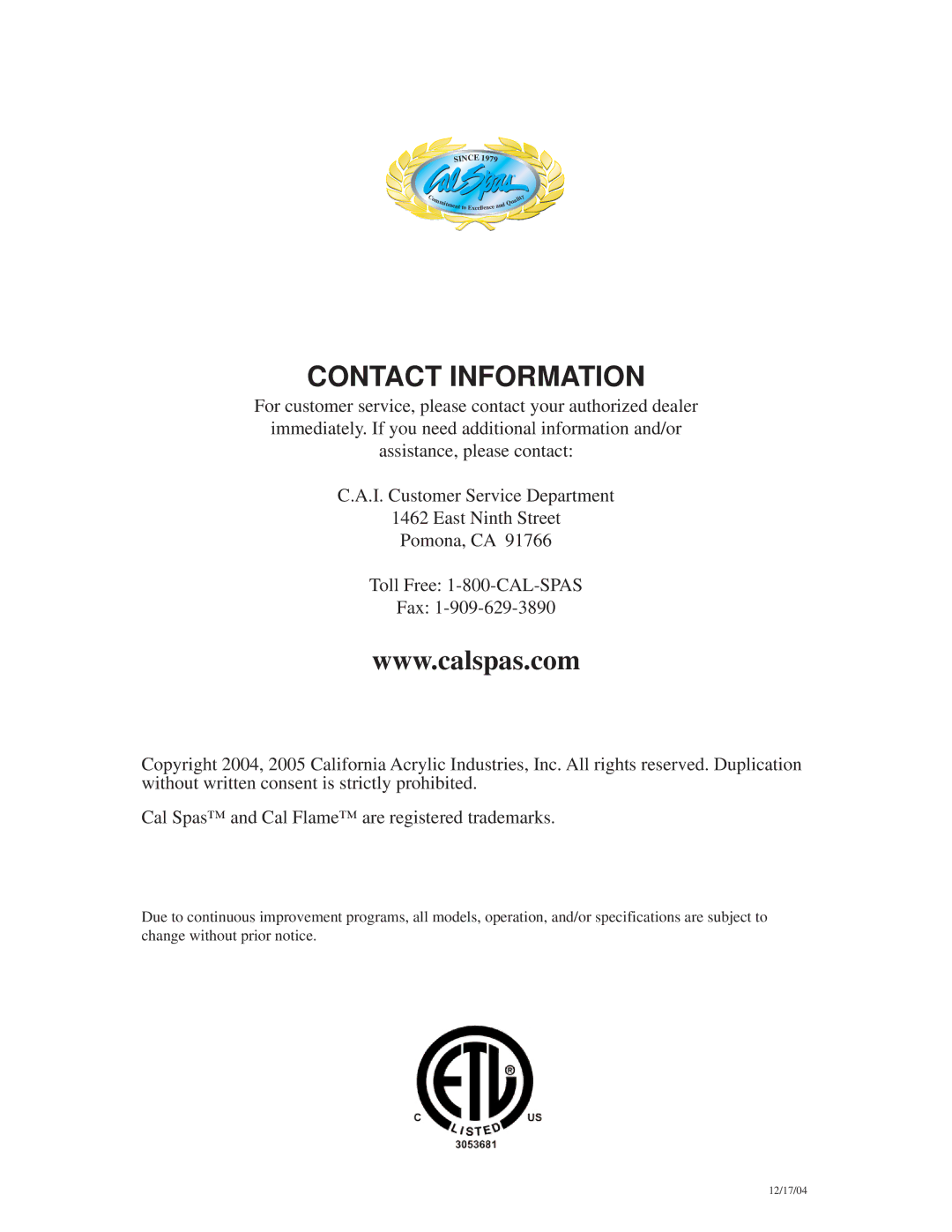 Cal Flame G3000 owner manual Contact Information 