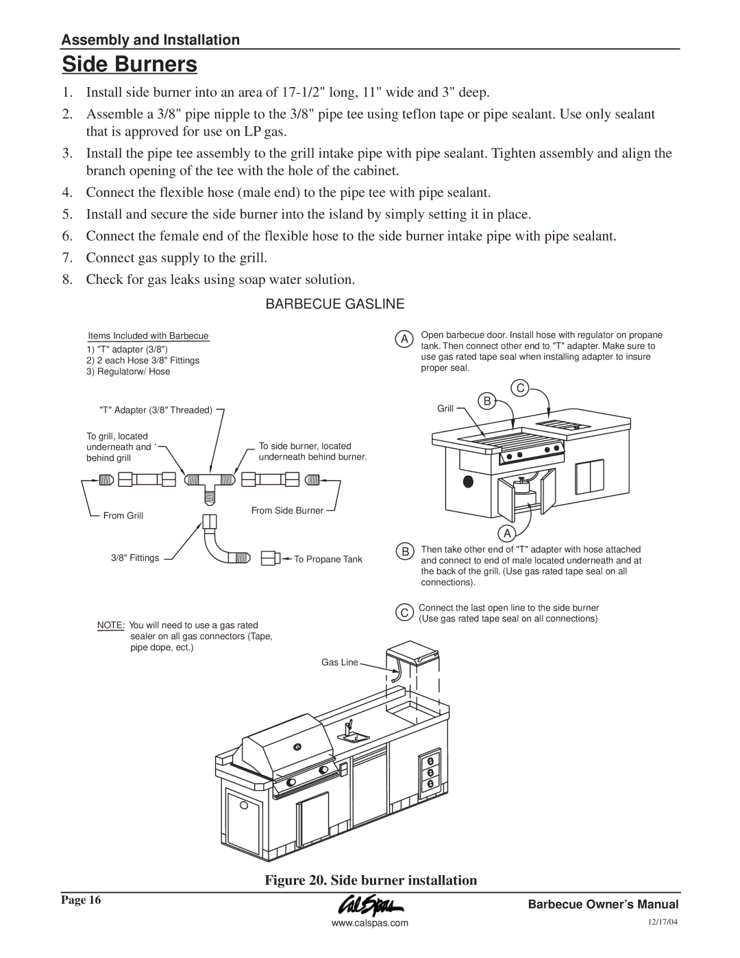 Cal Flame G3000 owner manual Side Burners, Side burner installation 