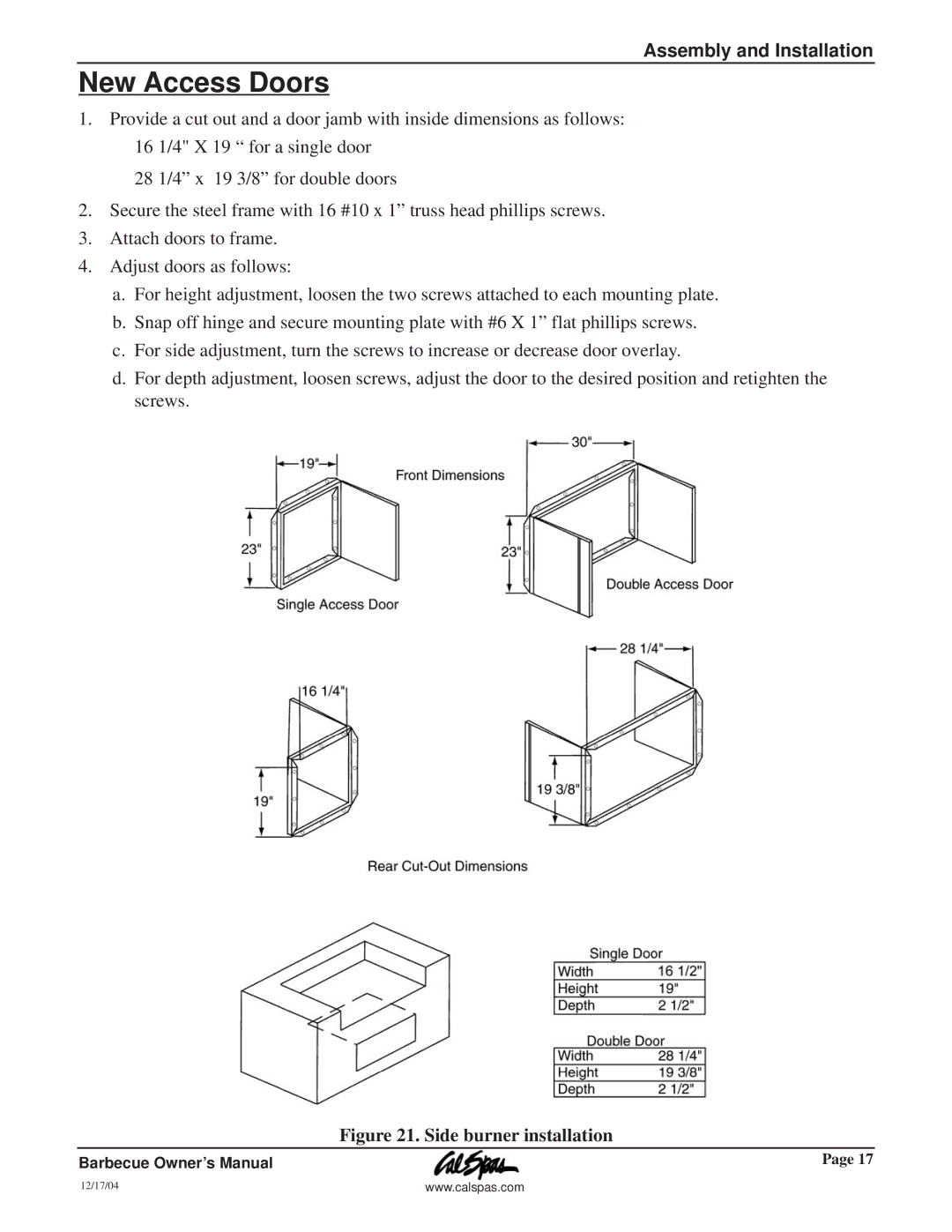 Cal Flame G3000 owner manual New Access Doors 