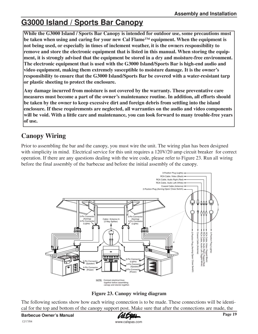 Cal Flame owner manual G3000 Island / Sports Bar Canopy, Canopy Wiring 