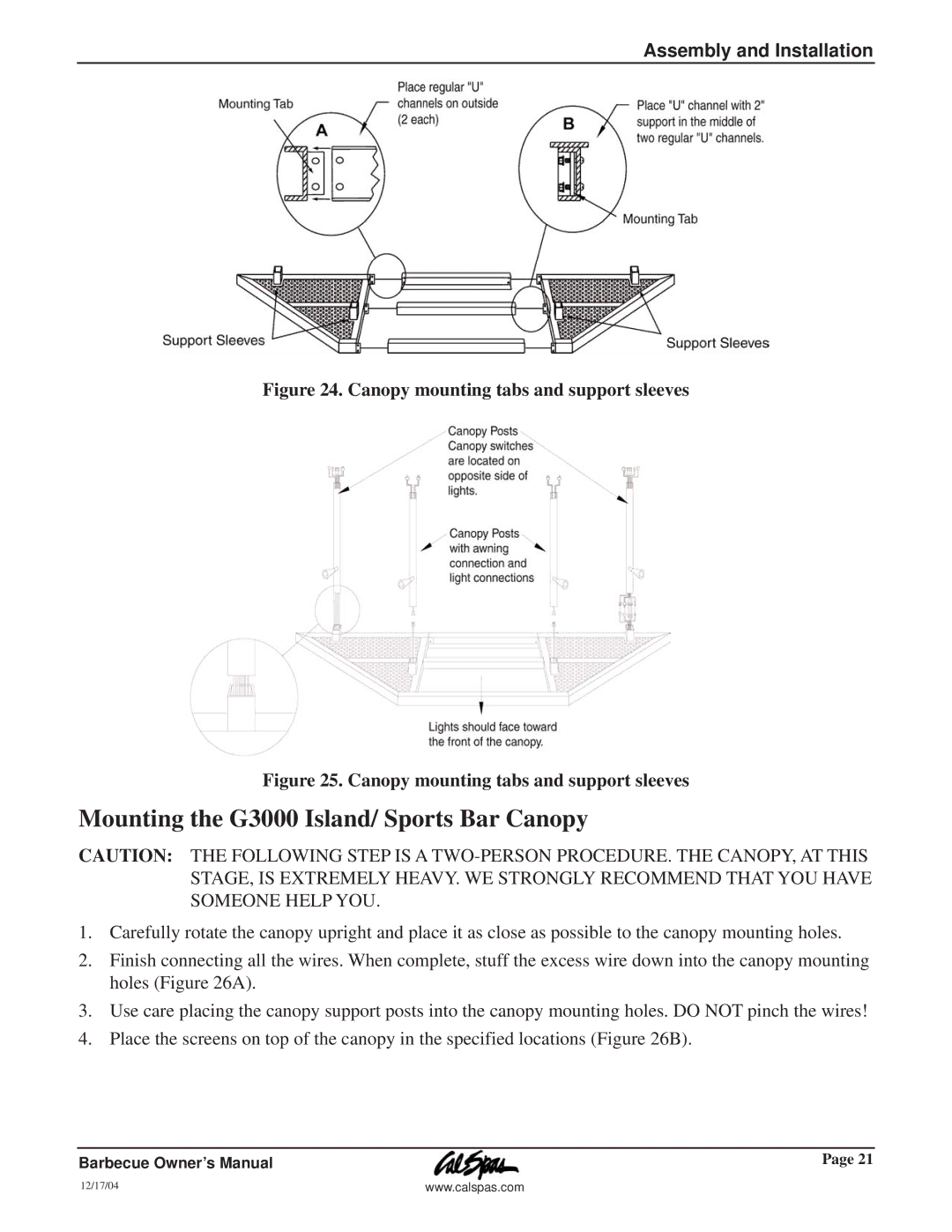 Cal Flame owner manual Mounting the G3000 Island/ Sports Bar Canopy, Canopy mounting tabs and support sleeves 