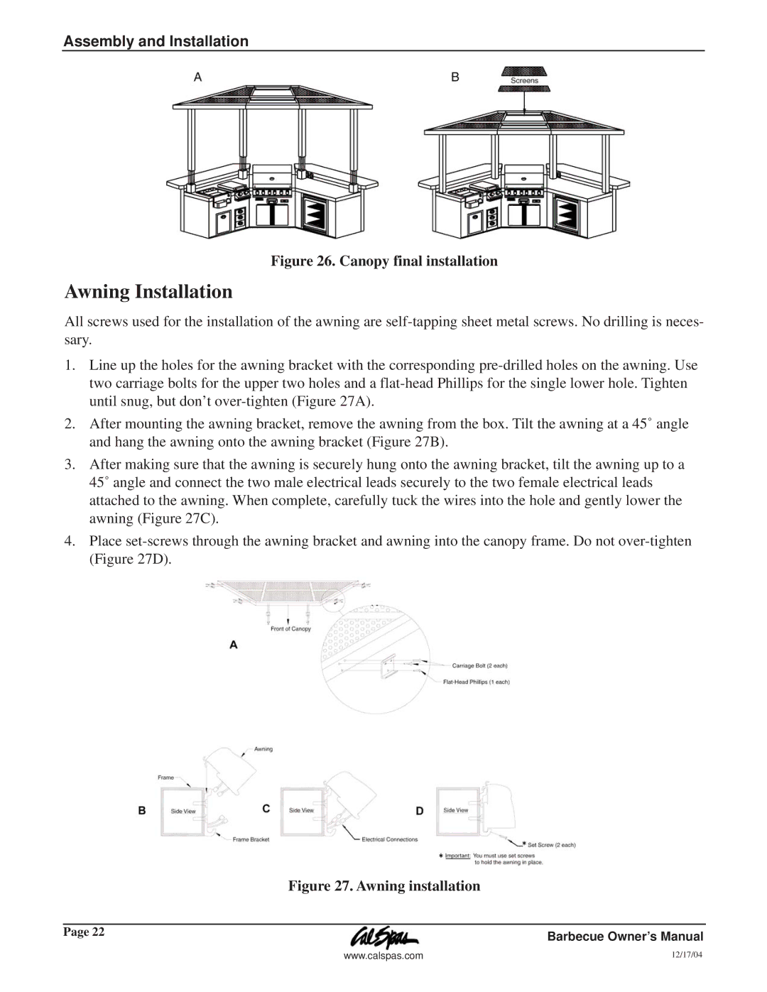 Cal Flame G3000 owner manual Awning Installation, Canopy final installation 