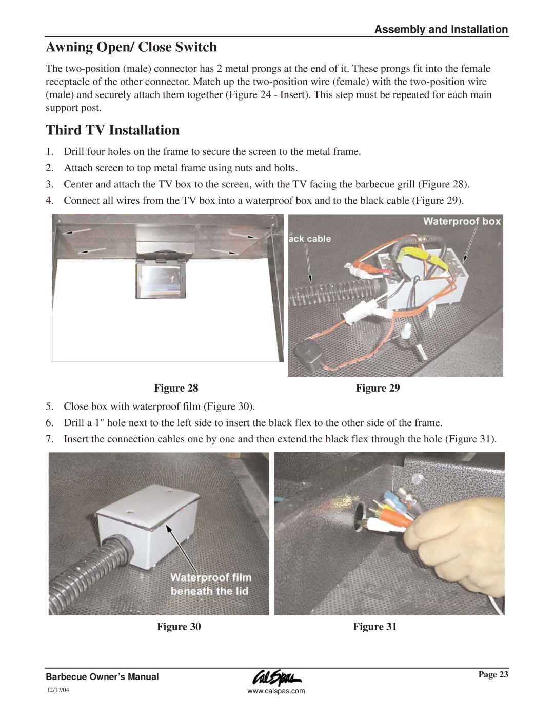 Cal Flame G3000 owner manual Awning Open/ Close Switch, Third TV Installation 