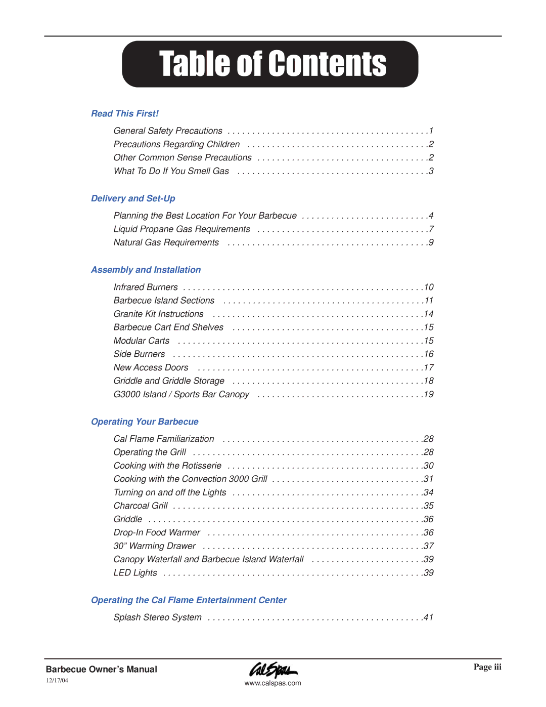 Cal Flame G3000 owner manual Table of Contents 