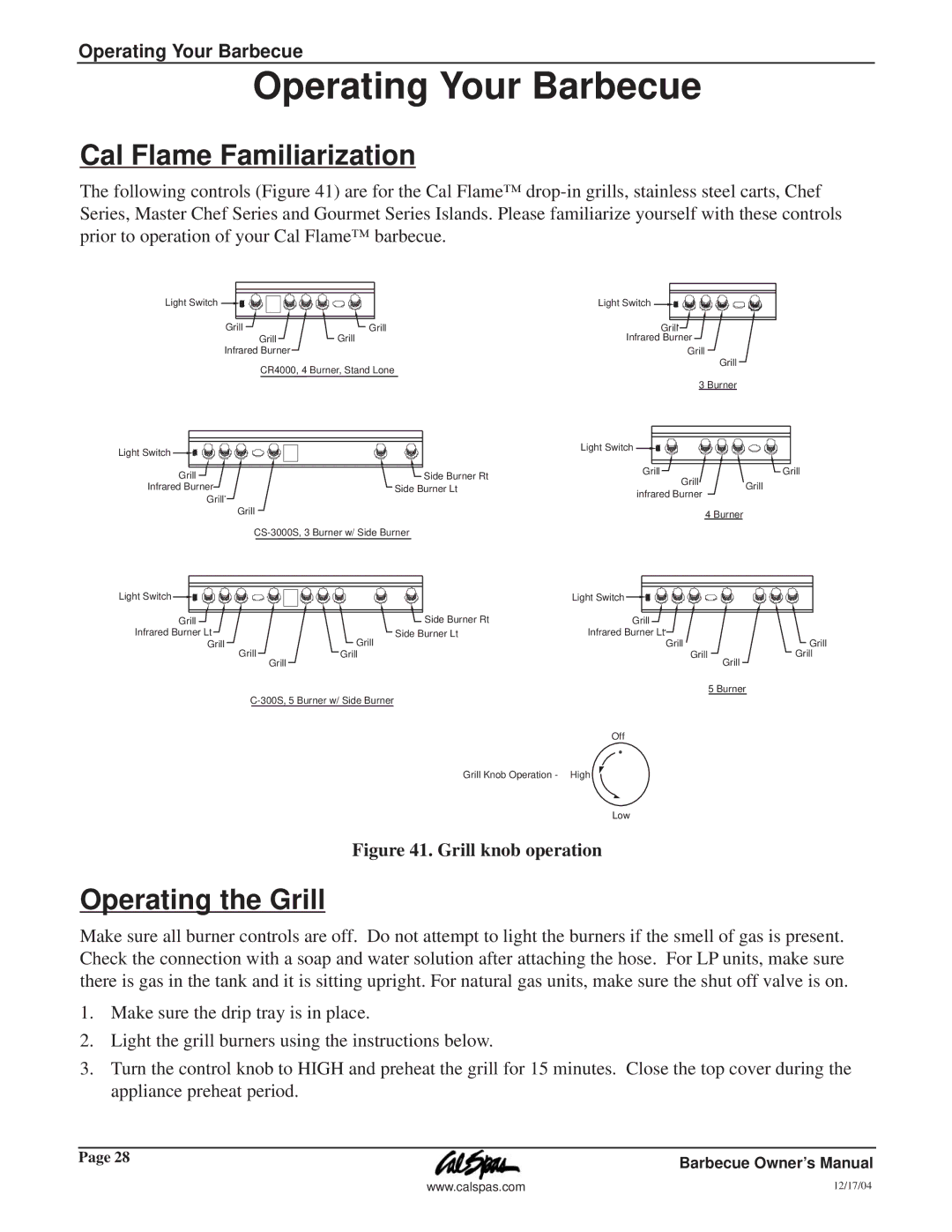 Cal Flame G3000 owner manual Cal Flame Familiarization, Operating the Grill 