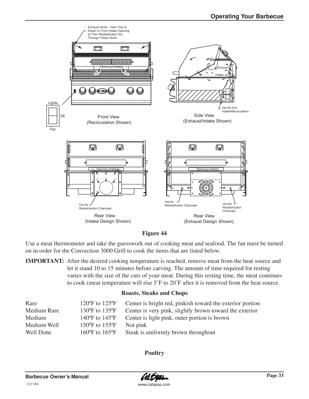 Cal Flame G3000 owner manual Roasts, Steaks and Chops, Poultry 