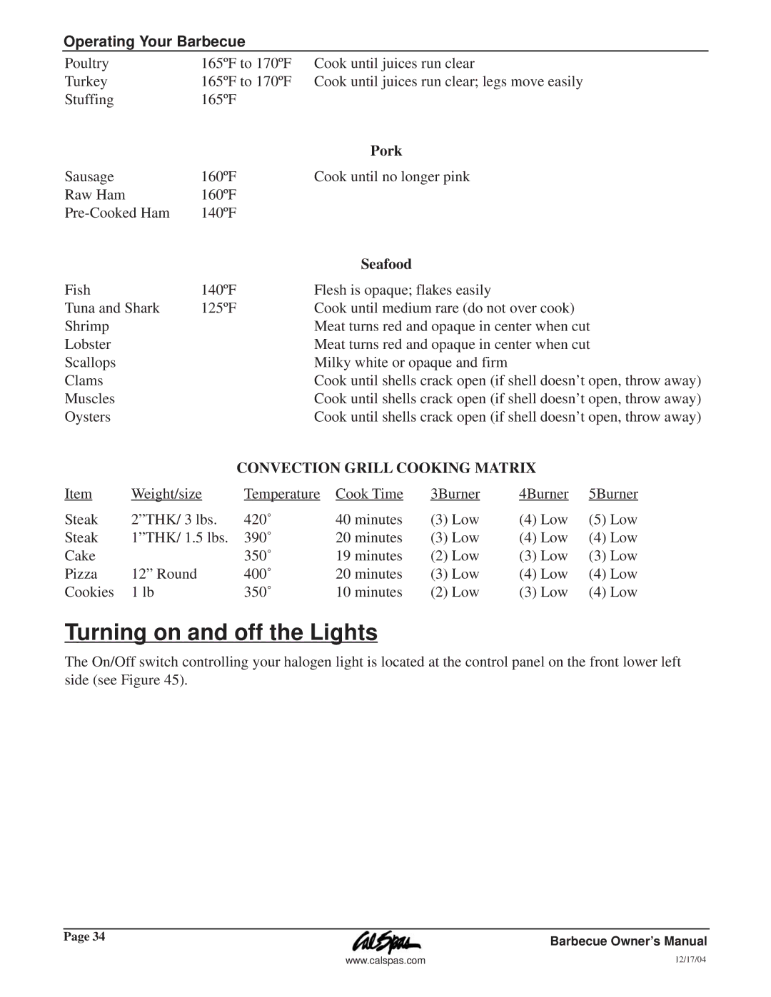 Cal Flame G3000 owner manual Turning on and off the Lights, Pork, Seafood 