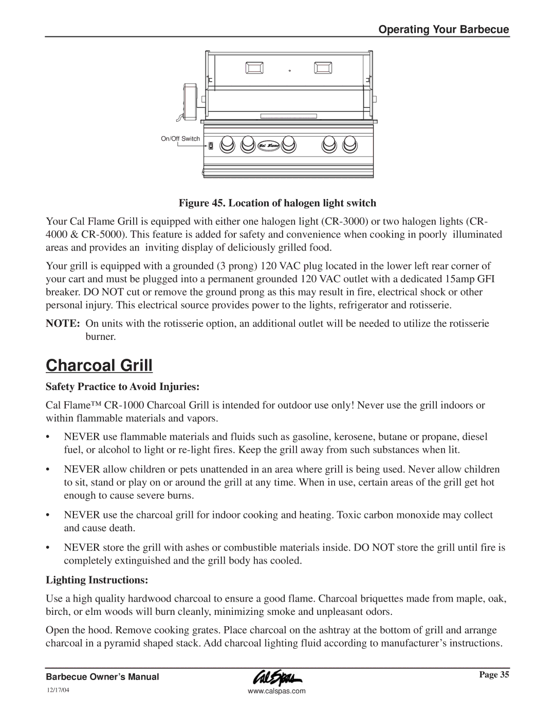 Cal Flame G3000 owner manual Charcoal Grill, Safety Practice to Avoid Injuries, Lighting Instructions 