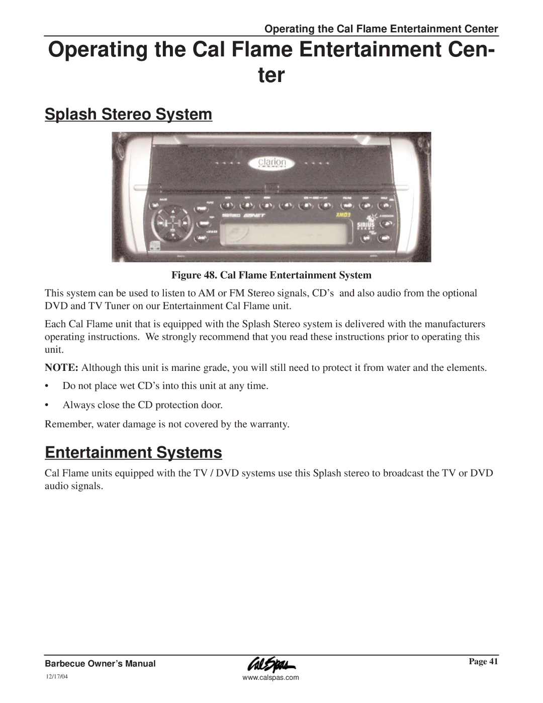 Cal Flame G3000 owner manual Splash Stereo System, Entertainment Systems 